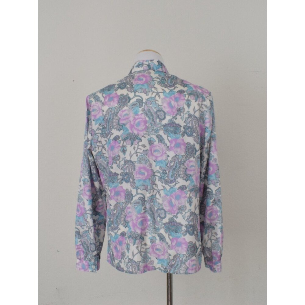 Vintage 70s Floral‎ Paisley Pastel Secretary Blouse / Detachable Bow - Picture 3 of 10